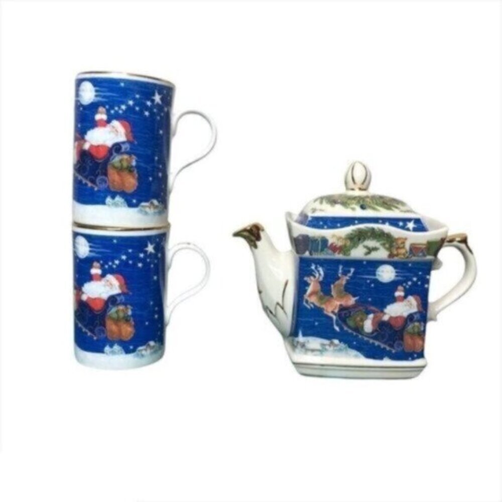 Vintage James Sadler “Santa’s Sleigh” Teapot with 2 Cups Santa Festive Christmas